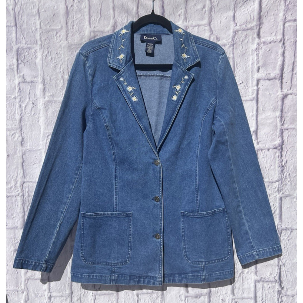 Denim & Co Womens Size M Denim Blazer Embroidered Daisy Jacket Cottage